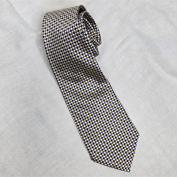 VAN HEUSEN Classic Style 100% Silk Checkered Tie in Blues Gold and Silver - Picture 2 of 5